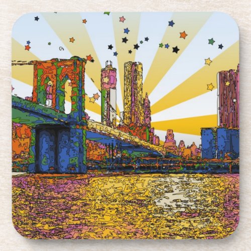 Psychedelic New York City Brooklyn Bridge WTC 1 Beverage Coaster