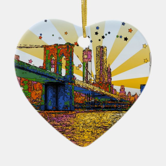 Psychedelic New York City: Brooklyn Bridge, WTC #1 Ceramic Ornament (Front)