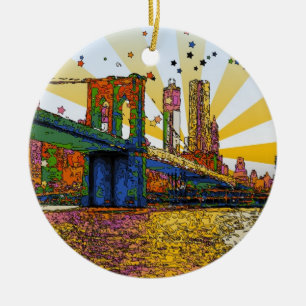 Psychedelic New York City: Brooklyn Bridge, WTC #1 Ceramic Ornament
