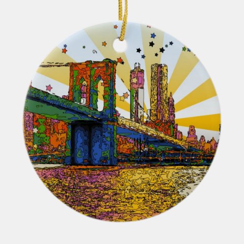 Psychedelic New York City Brooklyn Bridge WTC 1 Ceramic Ornament