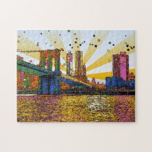 Psychedelic New York City Brooklyn Bridge WTC 1 Jigsaw Puzzle