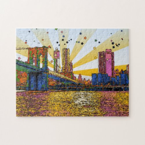 Psychedelic New York City Brooklyn Bridge WTC 1 Jigsaw Puzzle