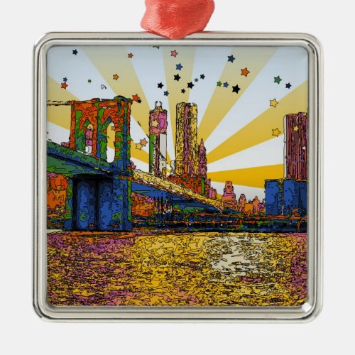 Psychedelic New York City Brooklyn Bridge WTC 1 Metal Ornament