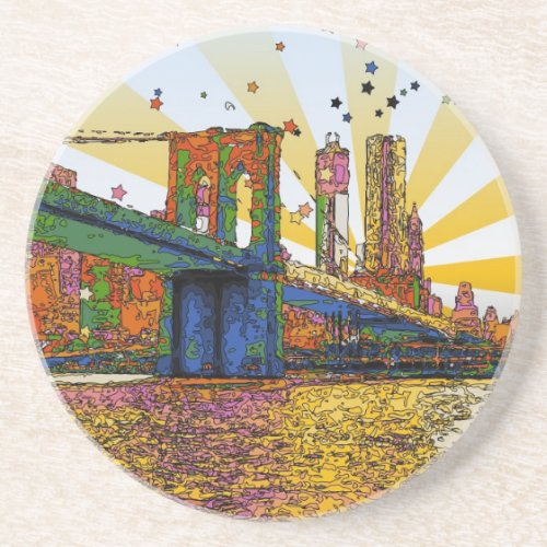 Psychedelic New York City Brooklyn Bridge WTC 1 Sandstone Coaster