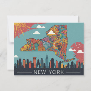 Psychedelic New York Map Art   Vibrant City & Stat Postcard