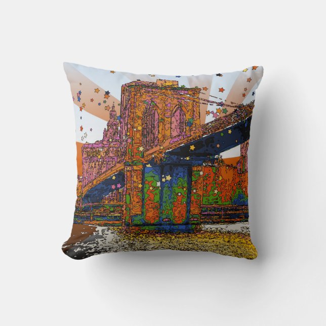 Psychedelic NYC: Brooklyn Bridge #1 Throw Pillow (Front)