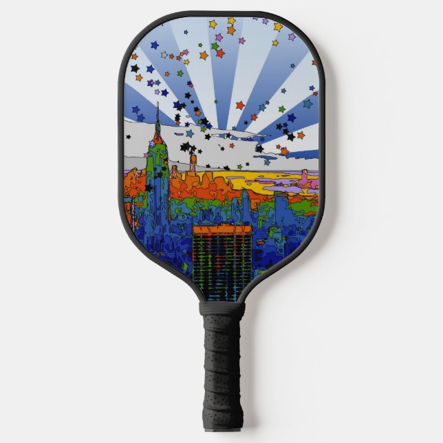 Psychedelic NYC: ESB Wide Skyline View Pickleball Paddle (Front)