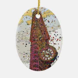 Psychedelic NYC: Flatiron Building & Clock #1A Ceramic Ornament