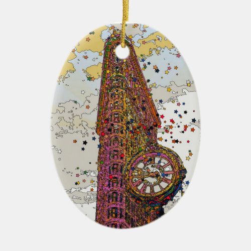 Psychedelic NYC Flatiron Building  Clock 1A Ceramic Ornament