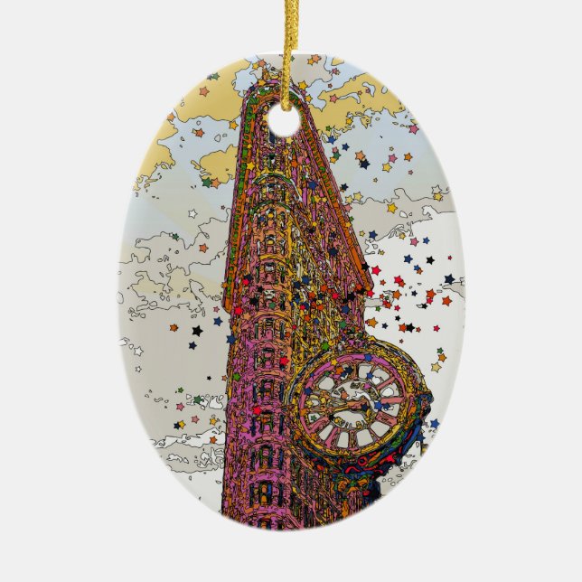 Psychedelic NYC: Flatiron Building & Clock #1A Ceramic Ornament (Front)