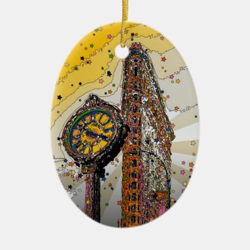 Psychedelic NYC Flatiron Building  Clock 2A Ceramic Ornament