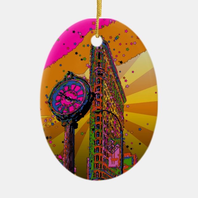 Psychedelic NYC: Flatiron Building & Clock #2B Ceramic Ornament (Front)