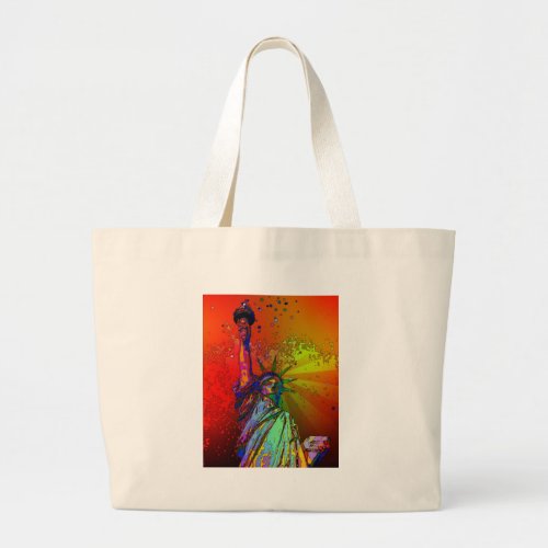 Psychedelic NYC Rainbow Color Statue of Liberty 1R Large Tote Bag