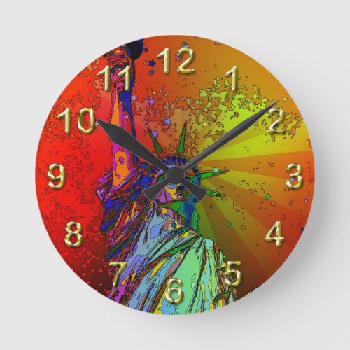 Psychedelic NYC Rainbow Color Statue of Liberty 1R Round Clock