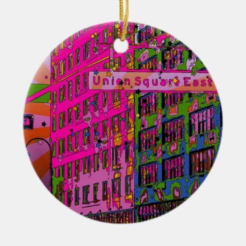 Psychedelic NYC Union Square Building St Sign A3 Ceramic Ornament