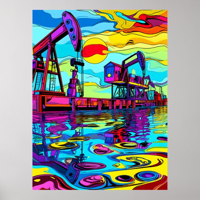 Psychedelic Oil Rigs: Industrial Neon Reflections Poster (Front)