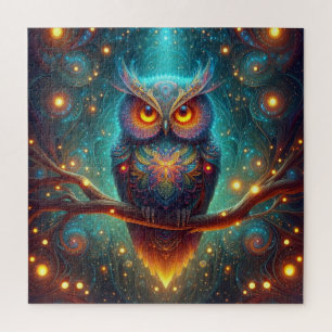 Psychedelic Owl in a Cosmic Forest Jigsaw Puzzle