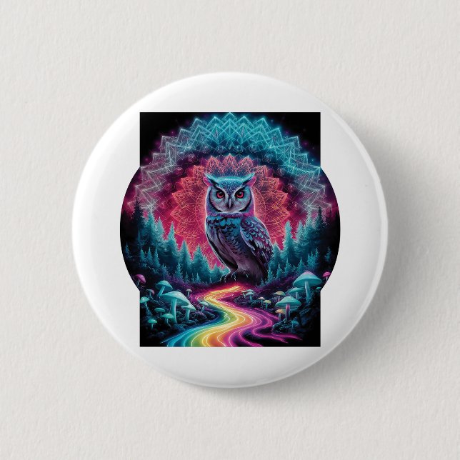 Psychedelic Owl Mandala - Trippy Forest Art Button (Front)