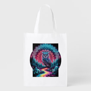 Psychedelic Owl Mandala - Trippy Forest Art Grocery Bag
