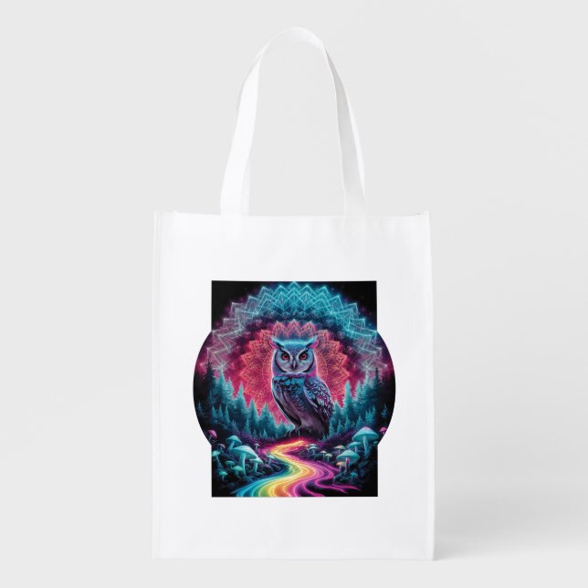 Psychedelic Owl Mandala - Trippy Forest Art Grocery Bag (Front)