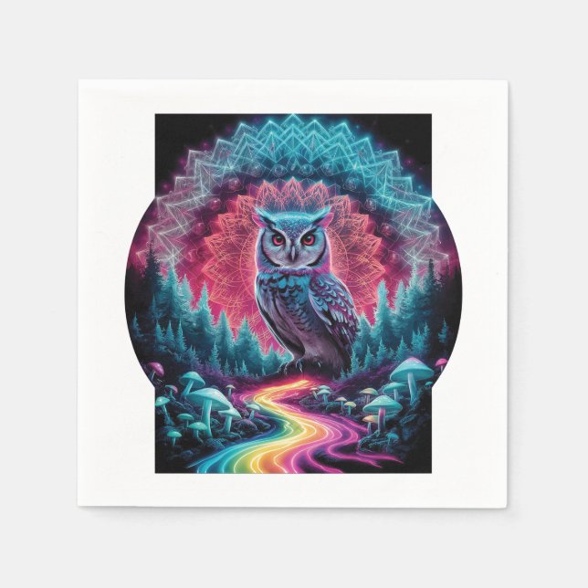 Psychedelic Owl Mandala - Trippy Forest Art Napkins (Front)