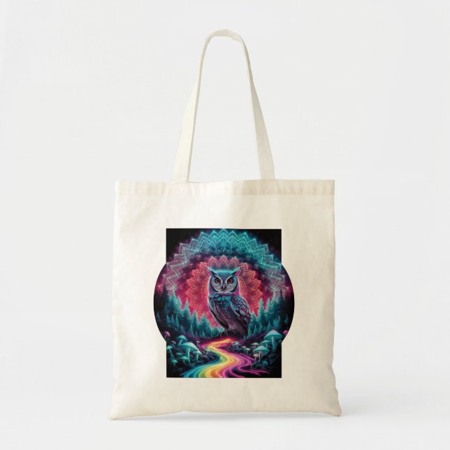 Psychedelic Owl Mandala - Trippy Forest Art Tote Bag (Front)