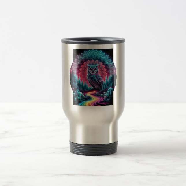 Psychedelic Owl Mandala - Trippy Forest Art Travel Mug (Center)