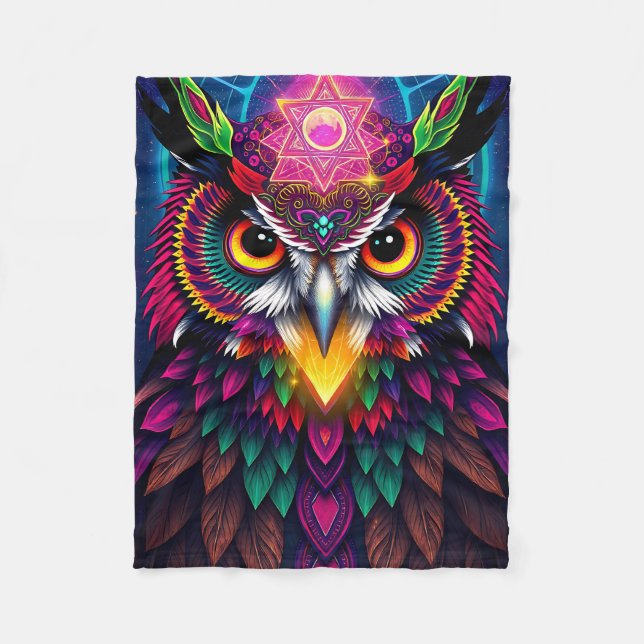 Psychedelic Owl: Neon Mandala Art Fleece Blanket (Front)