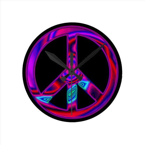 Psychedelic Peace Sign Black Round Clock