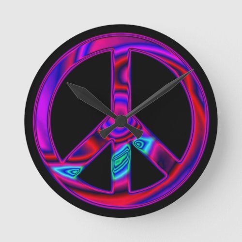 Psychedelic Peace Sign Black Round Clock