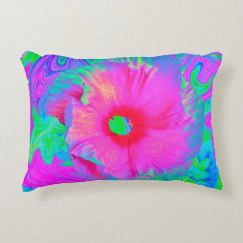 Psychedelic Pink and Red Hibiscus Flower Accent Pillow