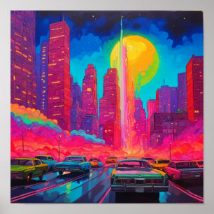 Psychedelic Pink Blue City Cars  Poster