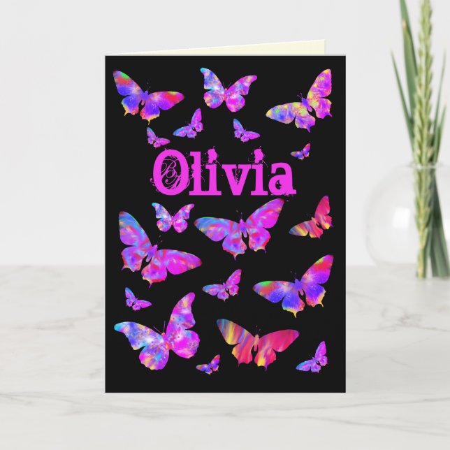 Psychedelic Pink Butterfly Pop Art Olivia Name Holiday Card (Front)