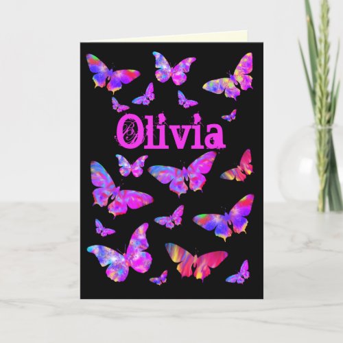 Psychedelic Pink Butterfly Pop Art Olivia Name Holiday Card