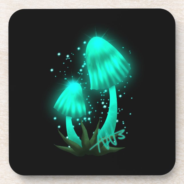 Psychedelic Pixie Cap Glowing Cyan Mushroom Beverage Coaster (Front)