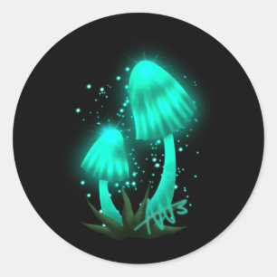 Psychedelic Pixie Cap Glowing Cyan Mushroom Classic Round Sticker