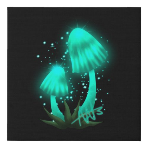 Psychedelic Pixie Cap Glowing Cyan Mushroom Faux Canvas Print