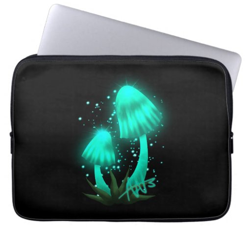 Psychedelic Pixie Cap Glowing Cyan Mushroom Laptop Sleeve