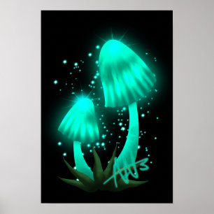 Psychedelic Pixie Cap Glowing Cyan Mushroom Poster