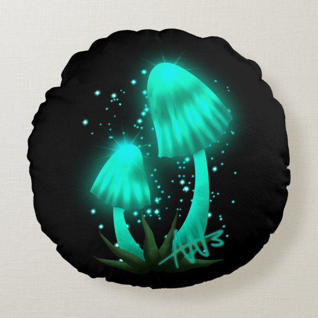 Psychedelic Pixie Cap Glowing Cyan Mushroom Round Pillow (Front)