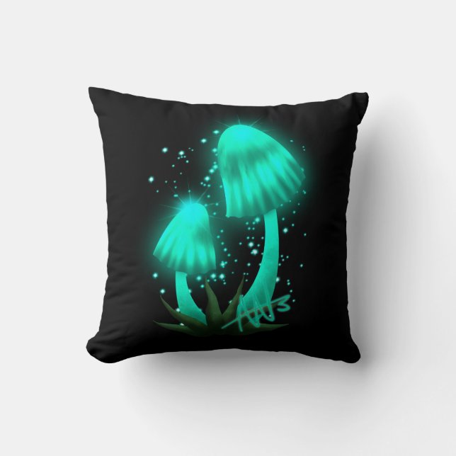 Psychedelic Pixie Cap Glowing Cyan Mushroom Throw Pillow (Front)