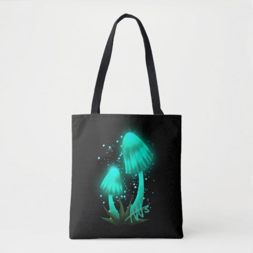 Psychedelic Pixie Cap Glowing Cyan Mushroom Tote Bag