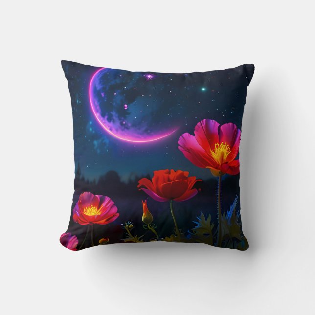 Psychedelic Poppy Landscape with Moon  Throw Pillow (Front)