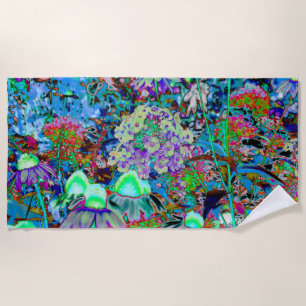 Psychedelic Purple and Lime Green Garden Flowers Beach Towel