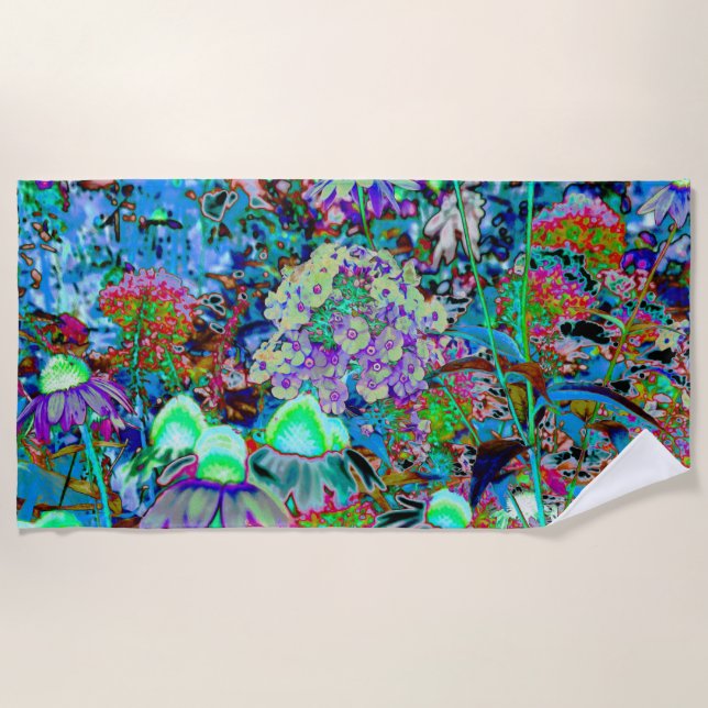 Psychedelic Purple and Lime Green Garden Flowers Beach Towel (Front)