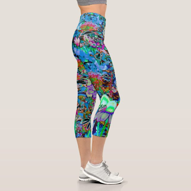 Psychedelic Purple and Lime Green Garden Flowers Capri Leggings (Right)