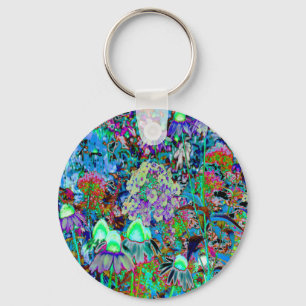 Psychedelic Purple and Lime Green Garden Flowers Keychain