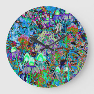 Psychedelic Purple and Lime Green Garden Flowers Large Clock