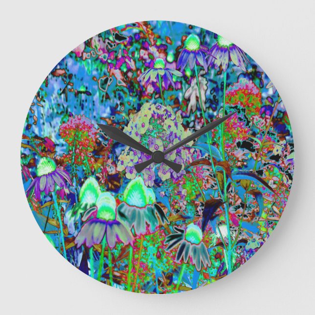Psychedelic Purple and Lime Green Garden Flowers Large Clock (Front)