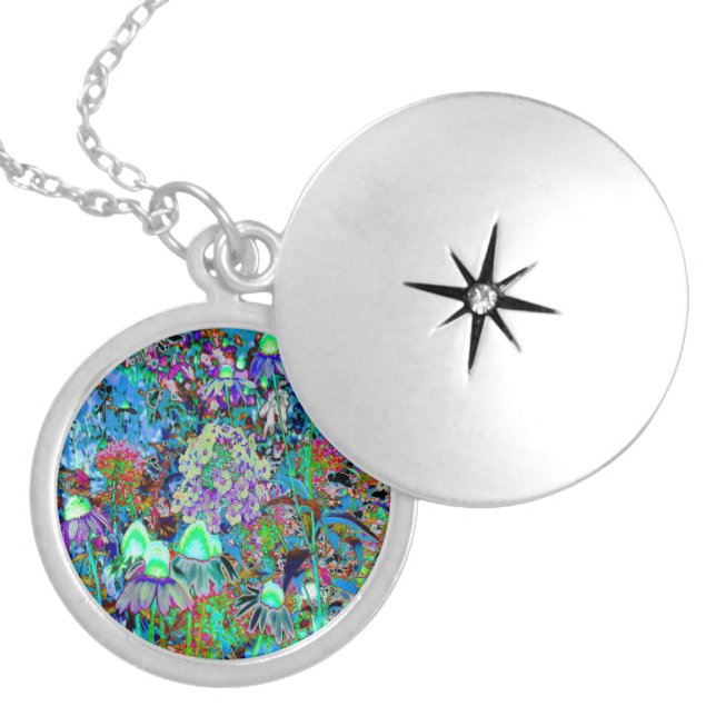 Psychedelic Purple and Lime Green Garden Flowers Locket Necklace (Front)